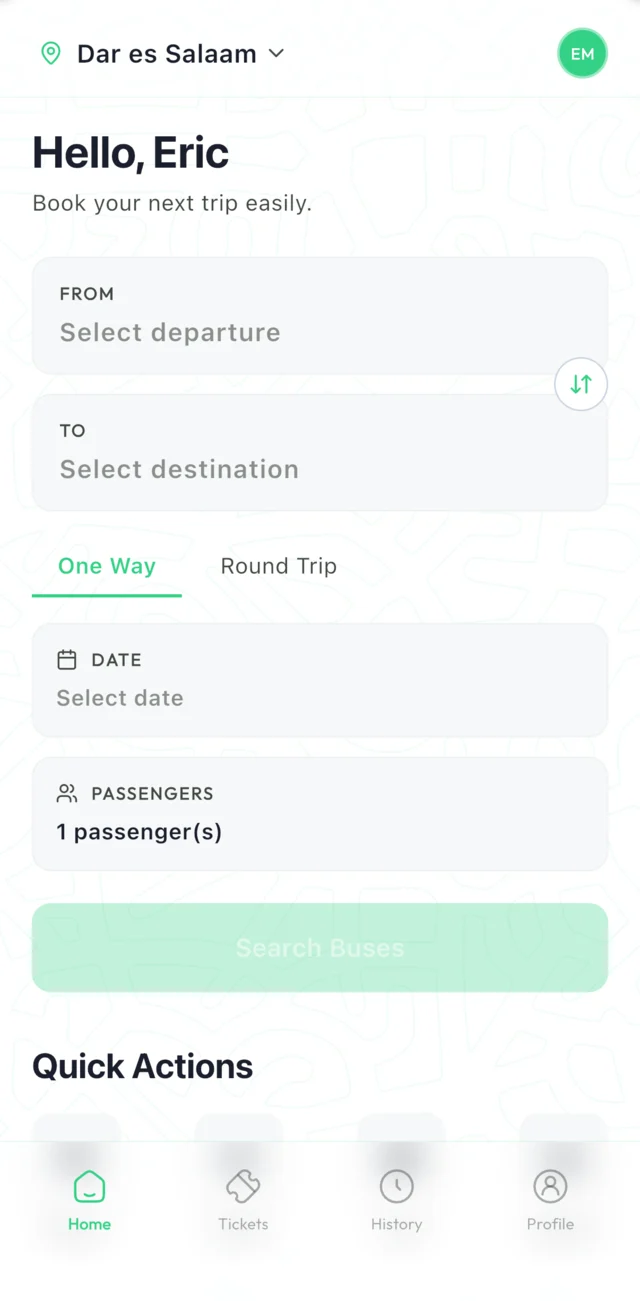 Panda app home screen with departure and destination fields