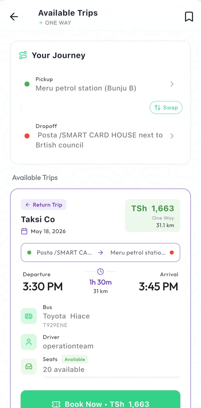 Available trips in the Panda app showing times, price, and seats