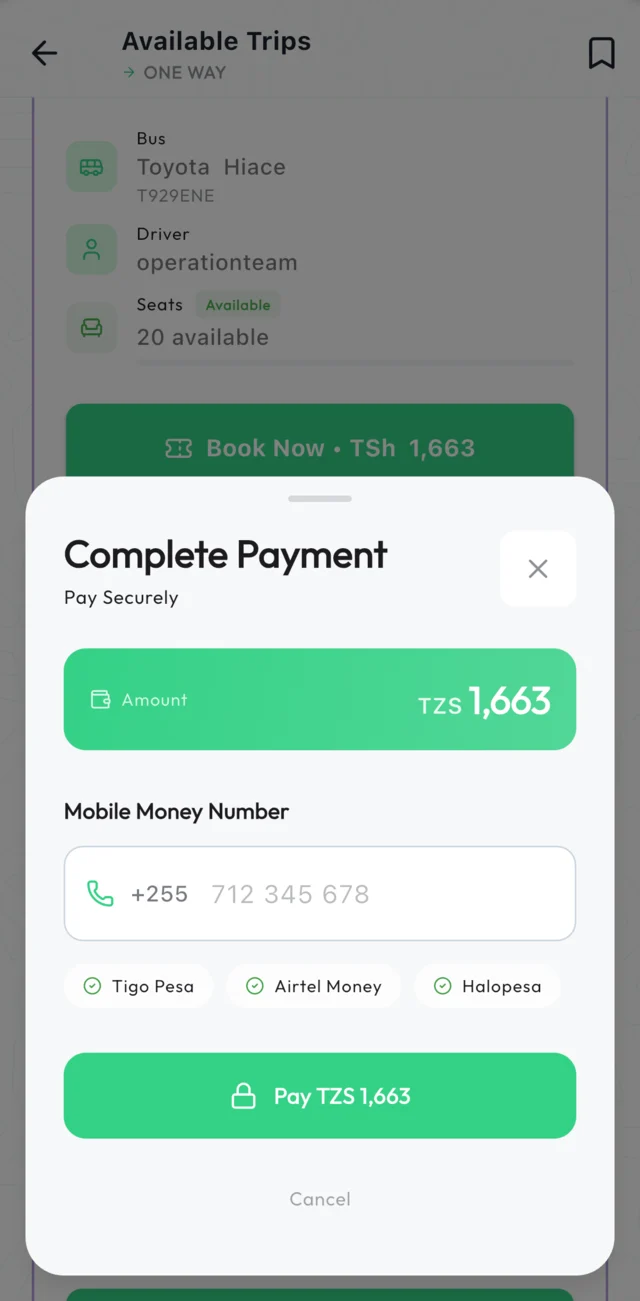 Panda checkout screen paying with mobile money