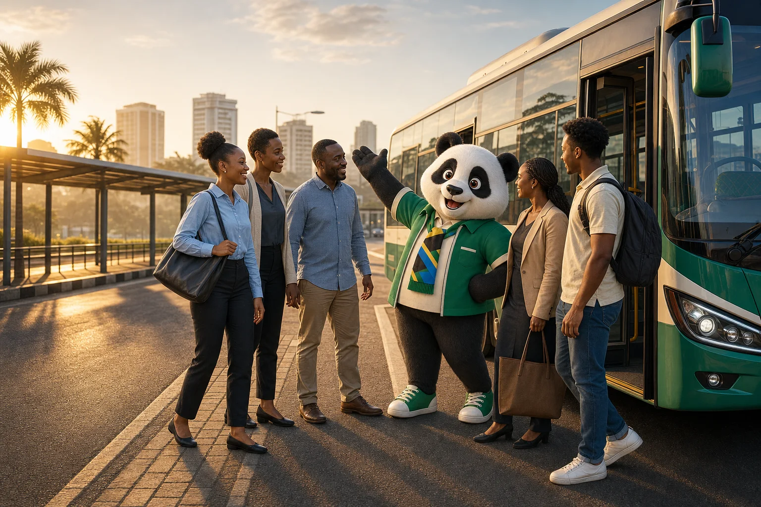 Panda welcoming a group of Tanzanian commuters as their shuttle arrives at sunrise in Dar es Salaam