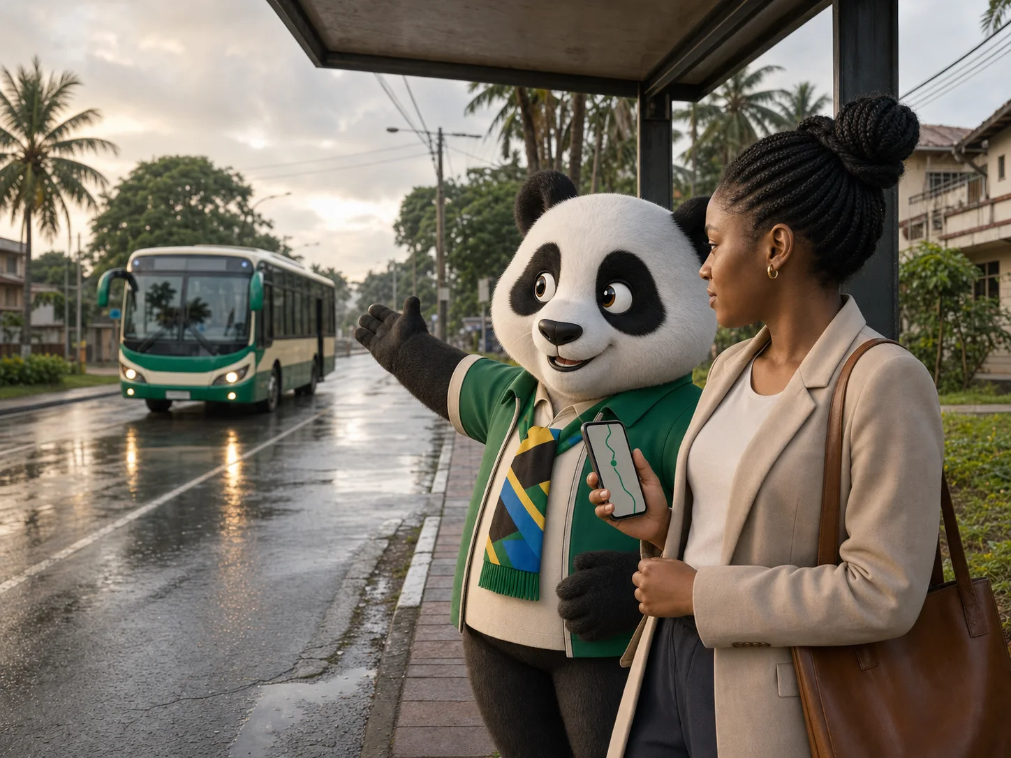 Panda mascot showing a route on a phone at a Dar es Salaam bus stop