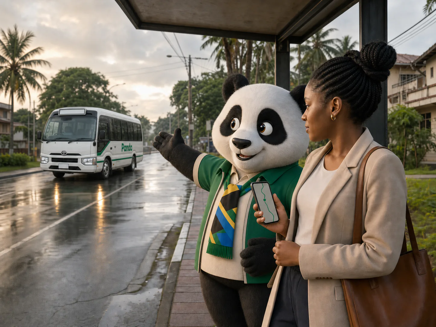 Panda showing a commuter her route as a white Panda Coaster approaches a Dar es Salaam bus stop