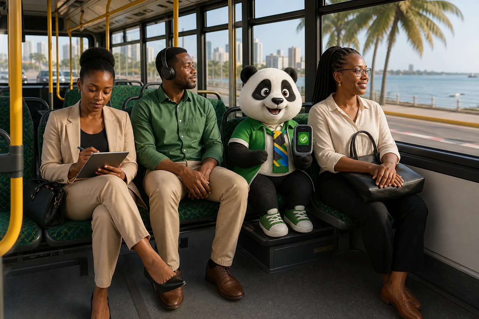 Tanzanian commuters working and relaxing onboard as Panda presents a digital ticket validator