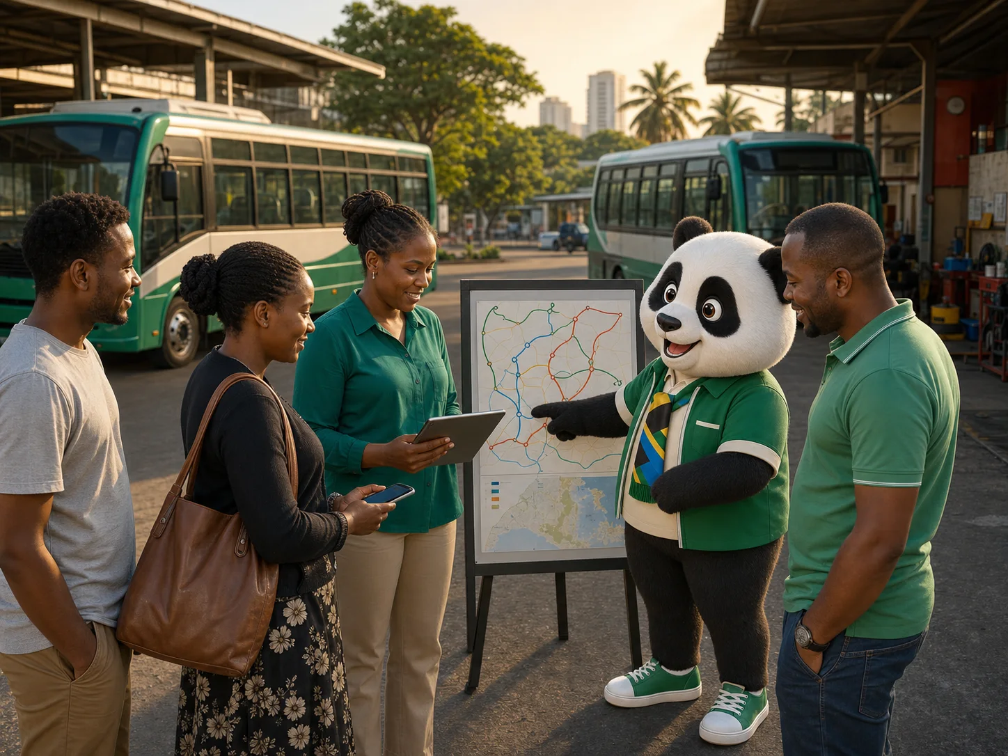 Tanzanian riders and transport operators planning routes with Panda at a Dar es Salaam shuttle depot