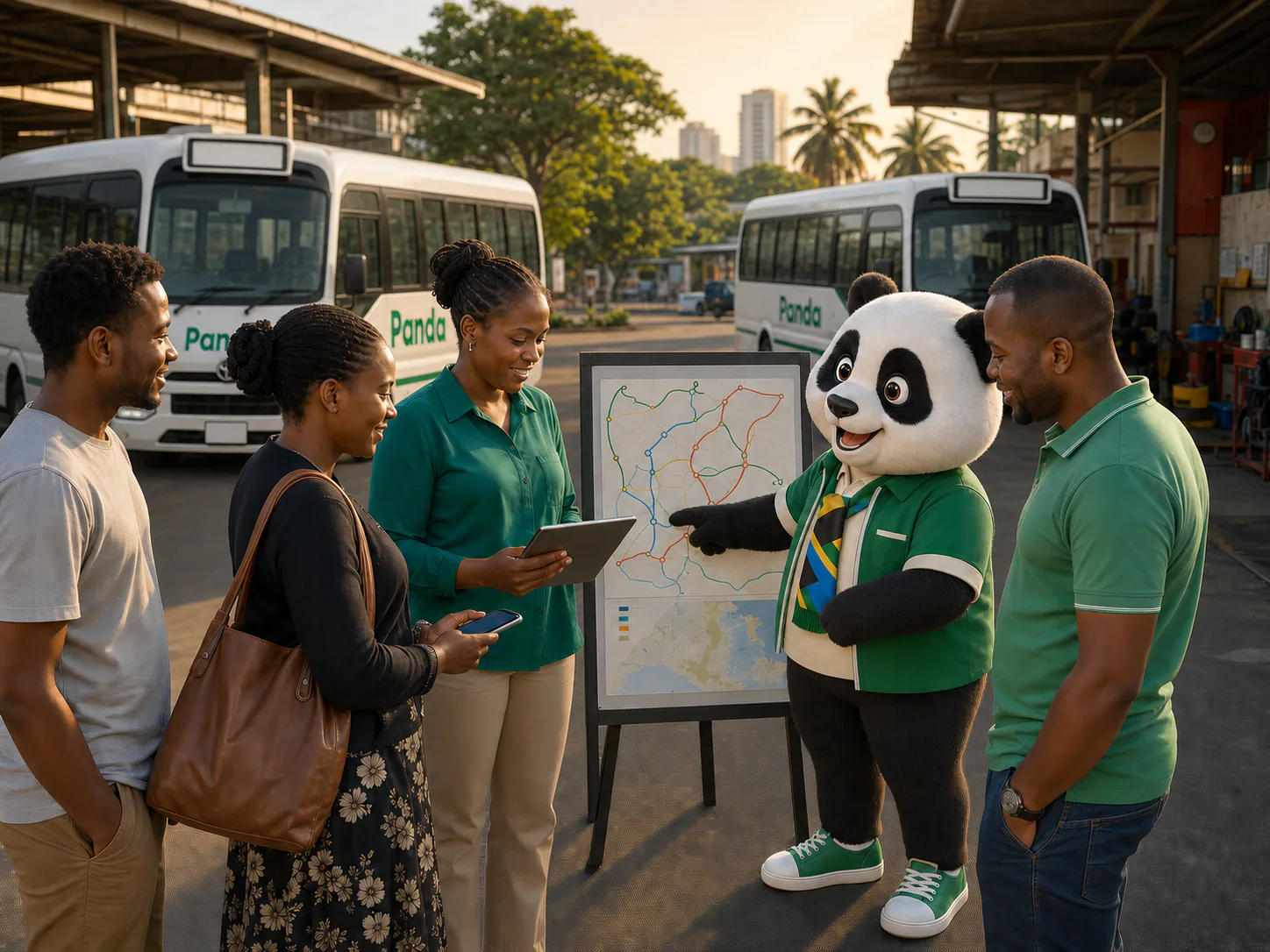Tanzanian riders and transport operators planning routes with Panda beside two white Panda Coasters at a Dar es Salaam depot