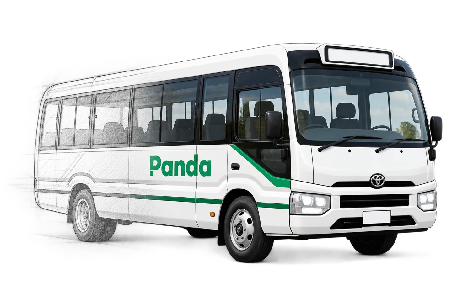 A Panda Toyota Coaster transitioning from a pencil design sketch into a finished vehicle