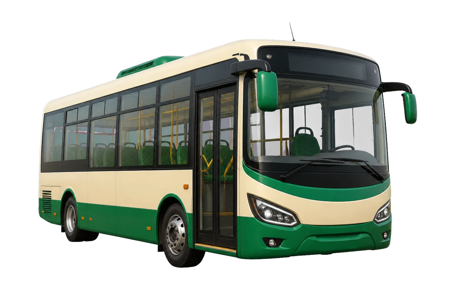 Emerald and cream Panda commuter shuttle shown as a transparent vehicle cutout