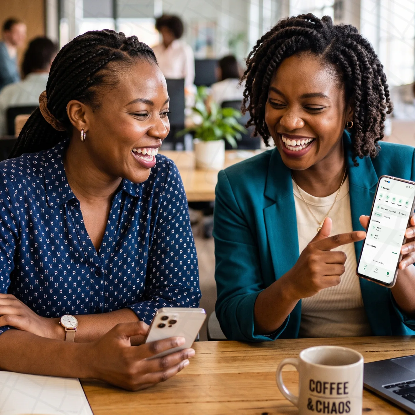 Two Tanzanian commuters comparing Panda trip options together on their phones