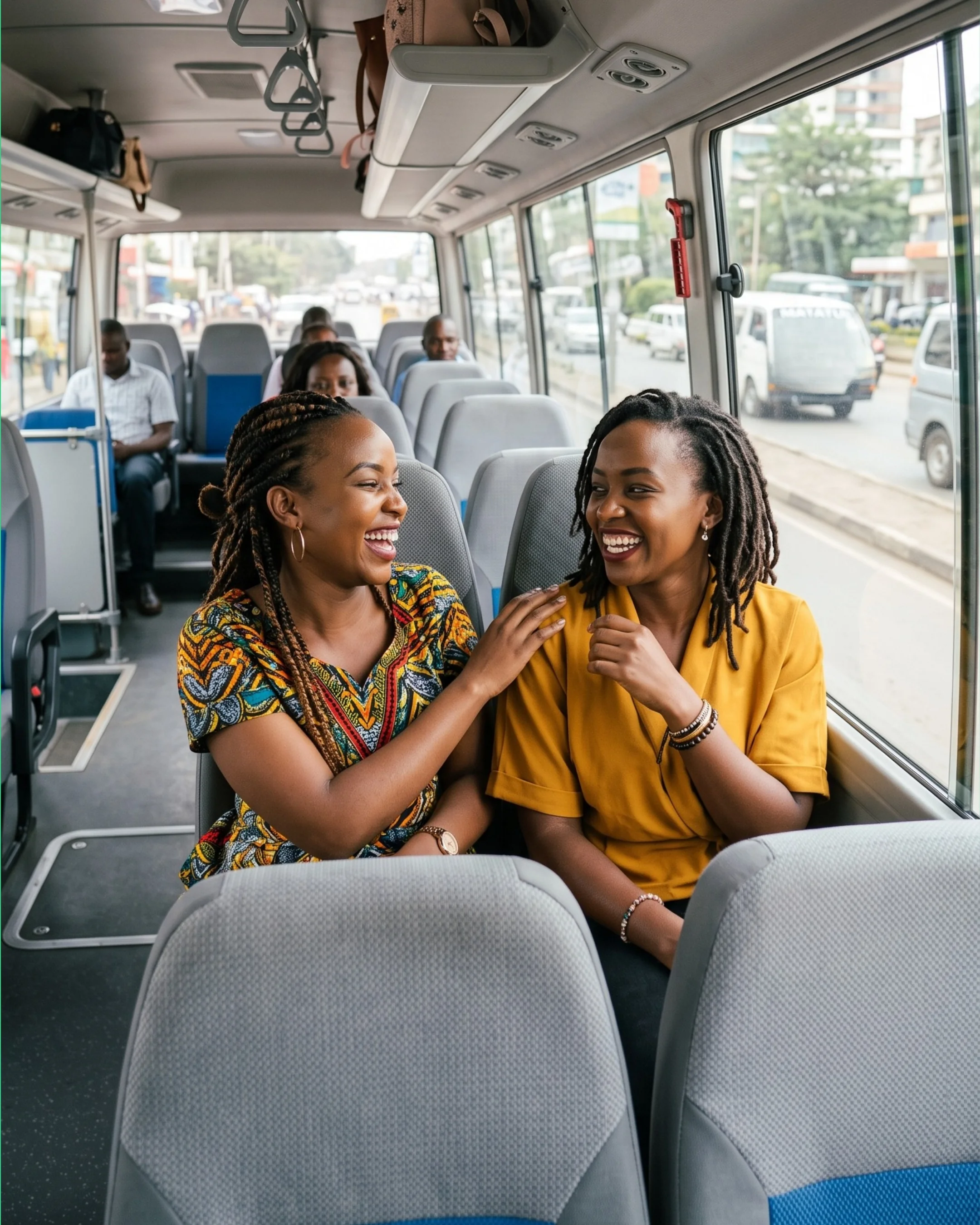 Two friends sharing a joyful moment while riding a shuttle through Dar es Salaam